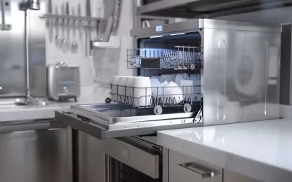 Cozinha industrial equipada com lavadora de louças profissional em funcionamento.